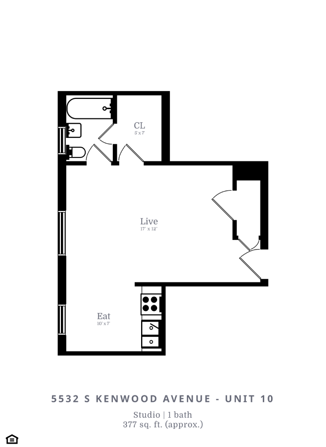 Floor plan for studio, 1 bath, 377 sqft